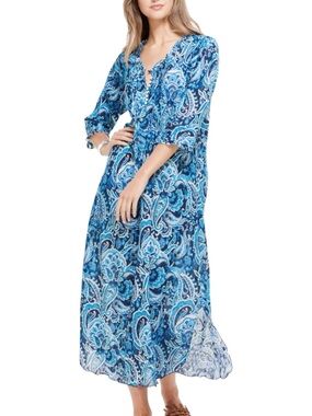 One Season Australia Midi Poppy Dress Blue Paisley MEDIUM in LaMarsa Navy Cotton